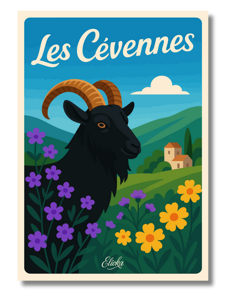 Affiche Les Cévennes "Bouc noir et flore sauvage"